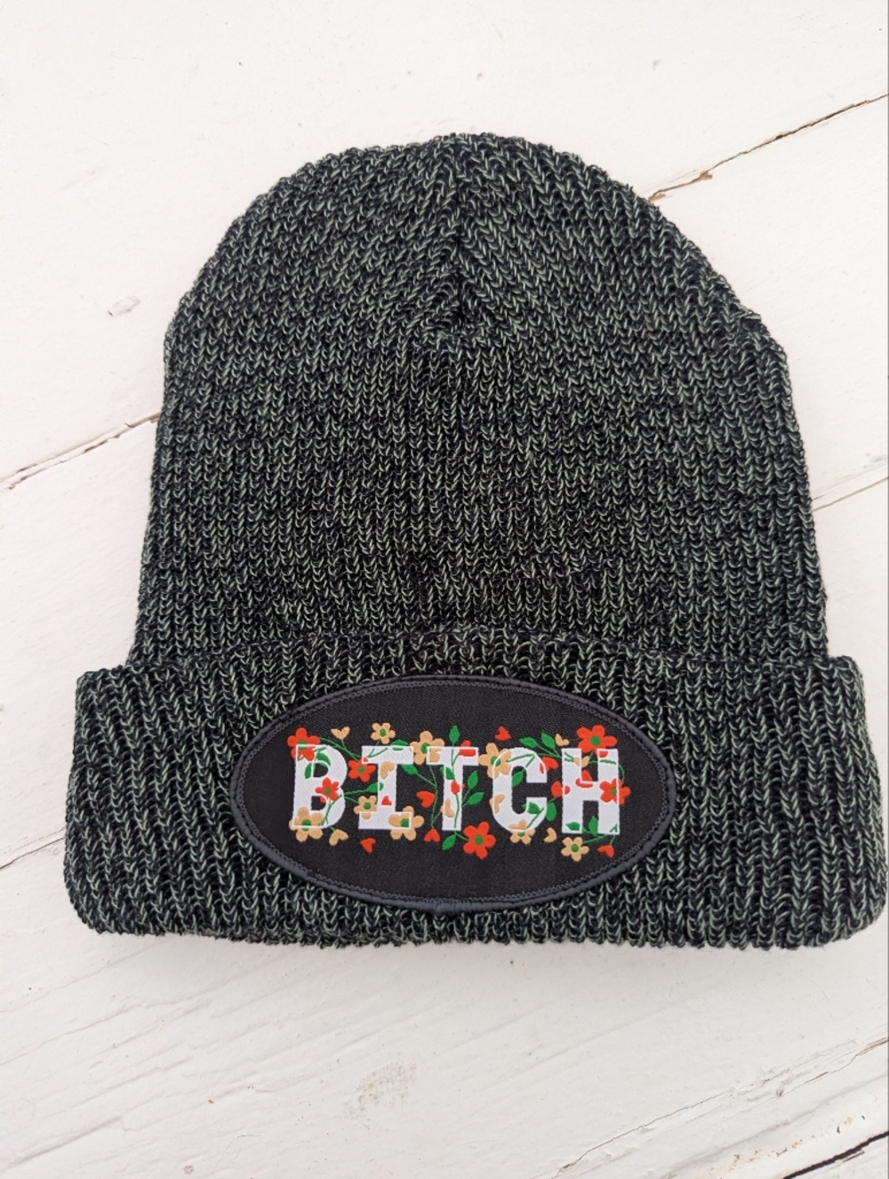Floral Logo Black Knit Beanie - Women